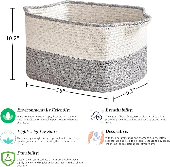 Cotton Rope Storage Basket Set of 3 (15"x10.2"x9.1") - Rectangle Storage Bins - Versatile Toy Storage Organizer - Perfect for Kids, Dog Toys, Books, Shelves - White & Grey-CubbioJoy