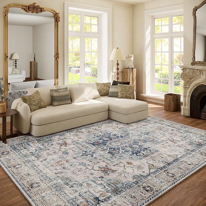 6x9 Area Rugs for Living Room: Washable Bedroom Rug Boho Vintage Rugs Stain Resistant Non Slip Low Pile Soft Lightweight Carpet for Kitchen Dining Room Farmhouse Nursery Kids Room Home Office-CubbioJoy