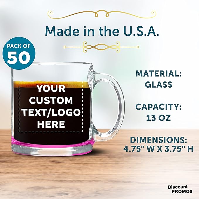 Custom Libbey Clear Glass Coffee Mugs 13 oz. Set of 50, Personalized Bulk Pack - Perfect for Coffee, Tea, Espresso, Hot Cocoa, Other Beverages - Pink Bottom-CubbioJoy