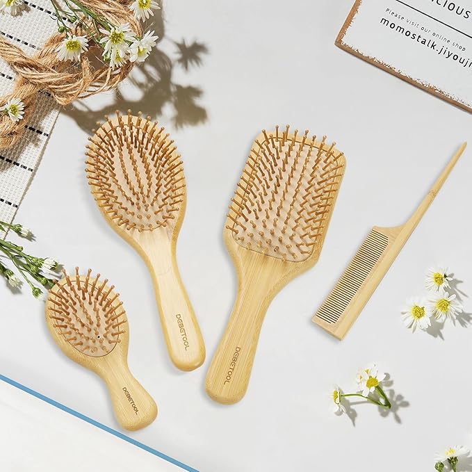 Bamboo Hair Brush and Comb Set for Women Men and Kids,Natural Bamboo wood Wide-tooth brush and tail comb - Paddle Detangling Brush for Wet Dry Curly Hair-CubbioJoy