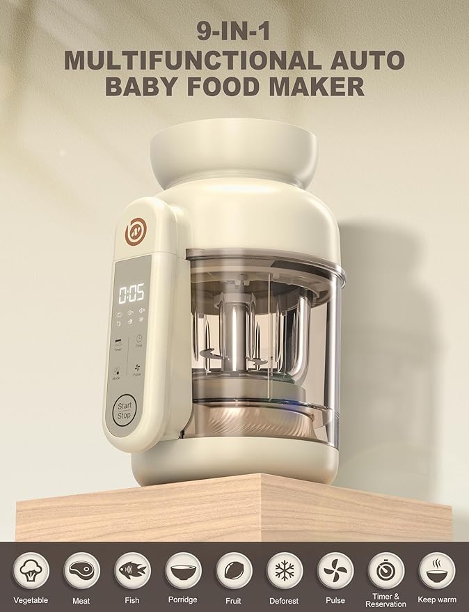 Auto Baby Food Maker, Glass Baby Food Mills, Baby Blender & Steamer and Puree Maker with Auto Cooking, Easy Cleaning, Dishwasher Safe, Cook at Home, Touch Screen Control-CubbioJoy
