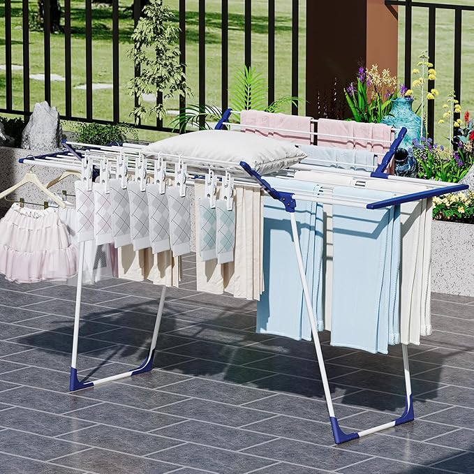 APEXCHASER Clothes Drying Rack, Foldable Gullwing Laundry Rack for Indoor Outdoor, 10pcs Clips with Bag, Collapsible Space-Saving Drying Rack for Clothes Towels Dolls, White-CubbioJoy