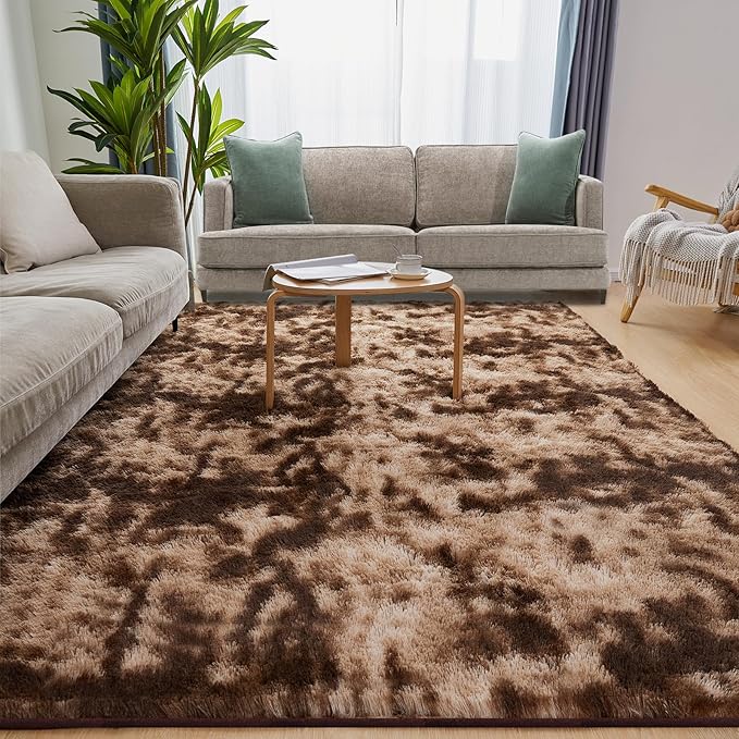 6x9 Area Rugs for Living Room, Fluffy Shaggy Bedroom Rug Indoor Carpet, Anti-Skid Soft High Pile Rug for Nursery, Kids Room, Bedside, Home Decoration, Tie-Dyed Brown-CubbioJoy