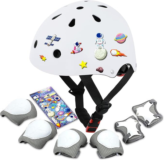 Kids Bike Helmet with DIY Stickers and Knee Pads Elbow Pads Wrist Guard Set for Ages 3-8-14 Toddler Boys Girls Helmet for Roller Skates Cycling Skateboarding Bicycle Scooter-CubbioJoy