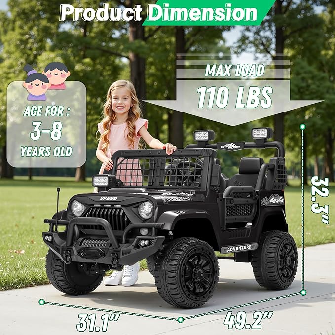 2 Seater Ride On Car Truck with Remote Control XL, Kids 24V Battery Powered Electric Vihicle w/21 in Seat, 3 Speeds, 2WD/4WD Switichable, Shock Absorbers,Bluetooth, Flower, Gift Choice-CubbioJoy