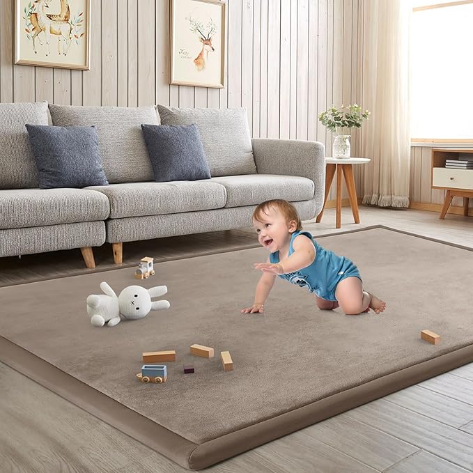 Baby Play Mat for Floor Tummy Time Mat Nursery Muscle Area Playroom Rug Tatami 79"x118" Memory Foam 1.3" Thick Crawling For Babies,Toddlers, Infants, Kids,Floor(Brown)-CubbioJoy