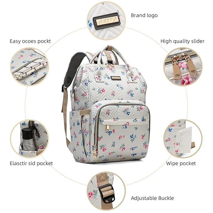 Diaper Bag Backpack, Diaper Bags for Baby Girls Boys, Baby Bags for Moms Dads, Nappy Changing Bag with Insulated Pockets,Multi-functional Waterproof Backpack with Stroller straps-Beige Flowers-CubbioJoy