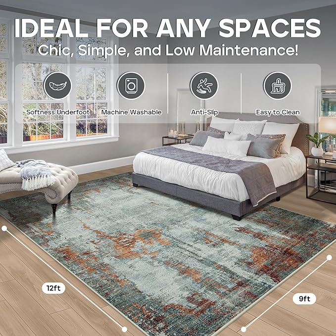 9x12 Area Rugs for Living Room Rug Washable: Modern Large Rug for Dining Room Bedroom Carpet Non Slip 9 by 12 Indoor Abstract Nursery Home Office Red Brown-CubbioJoy