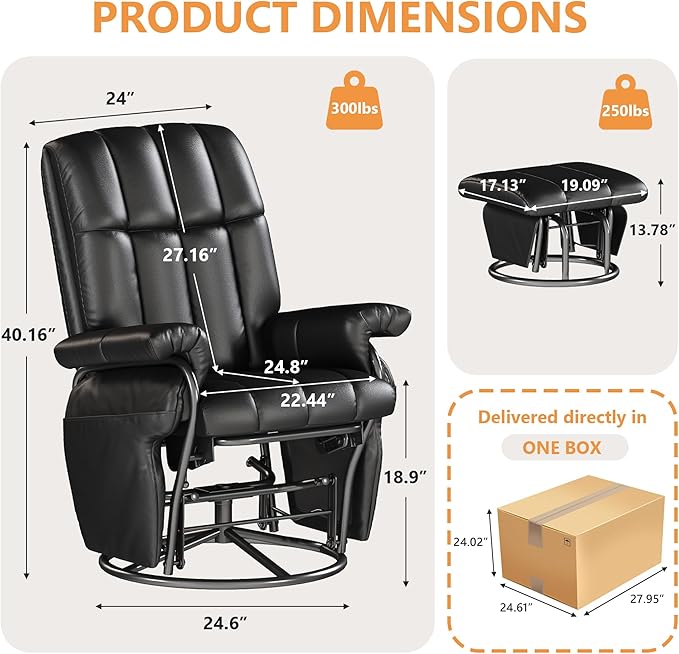 JIASTING 360° Swivel Recliner Chair with Ottoman & Double Side Pockets, Nursing Glider Rocking Recliner Chair, Gliding Chair for Nursery, Living Room, Office, Bedroom, Metal Frame (Black 1)-CubbioJoy