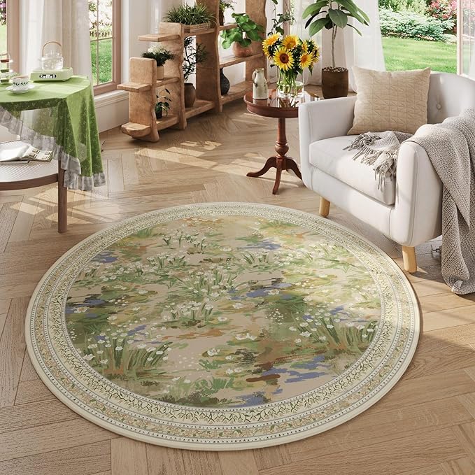 Circle Rug Impressionist-Style Vintage Round Rug 4ft Non Slip Low Pile Small Circular Rug for Bedroom Bathroom Entryway Kids Room Office College Dorm, Beige-CubbioJoy