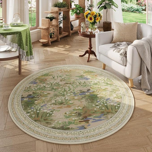 Circle Rug Impressionist-Style Vintage Round Rug 4ft Non Slip Low Pile Small Circular Rug for Bedroom Bathroom Entryway Kids Room Office College Dorm, Beige-CubbioJoy