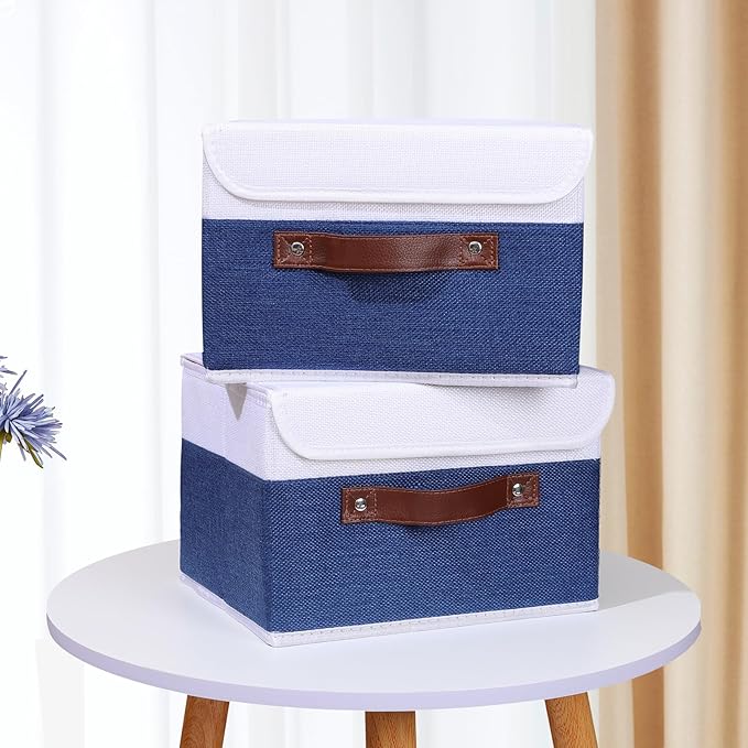 ANMINY 2PCS Storage Boxes with Lid Washable Decorative Storage Bin Basket with PU Leather Handle Foldable Linen Fabric Storage Cube Container for Home Closet Organizer - Deep Blue White, Small Size-CubbioJoy
