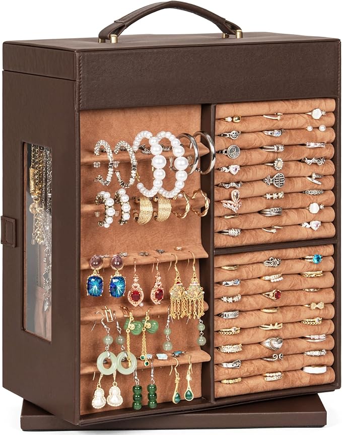 AKOZLIN 360° Rotating Jewelry Box 6-Tier Organizer Functional Jewelry Storage Case for Women Girls Ring Necklace Earring Bracelet Holder with Mirror Brown-CubbioJoy