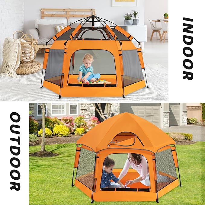 Baby Pop Up Playpen with Canopy, Pop Up Baby Pop Up Tent with Safety Lock, Portable Toddler Play Yard with Travel Bag, 6 Ground Stakes, 6 Sand Stakes-CubbioJoy