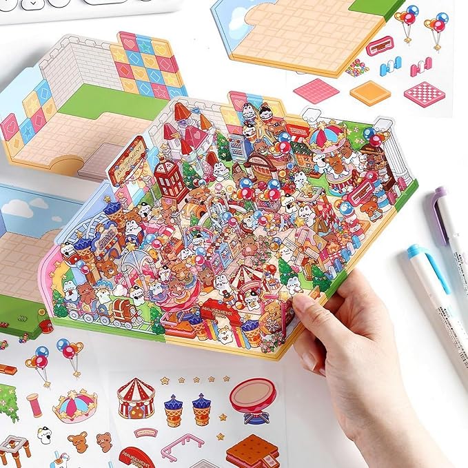 DIY 3D House Stickers, Cute 3D Cartoon Scene for Adult Kids Relief Stress Pass The Time,Cute Make Your Own House Stickers for Gifts Paint by Sticker.(4 Set)-CubbioJoy