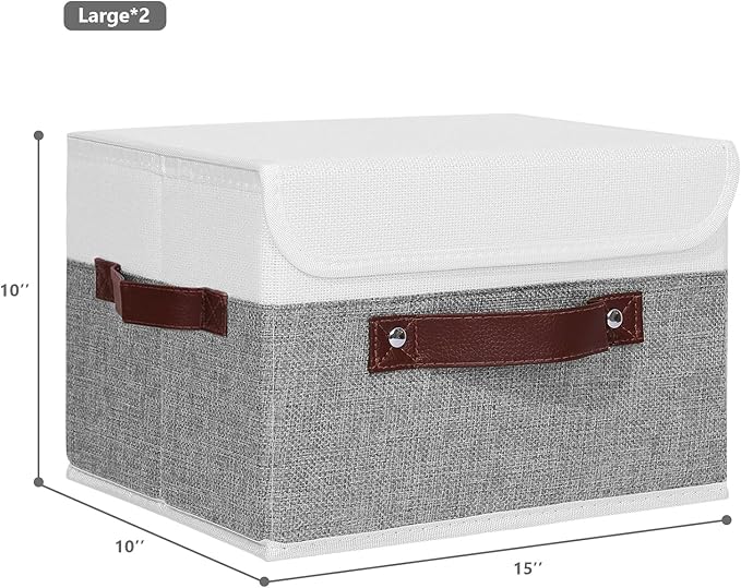 ANMINY 2PCS Storage Boxes with Lid Washable Decorative Storage Bins Basket with PU Leather Handle Foldable Linen Fabric Storage Cubes Containers for Home Closet Organizer - Gray White, Large Size-CubbioJoy