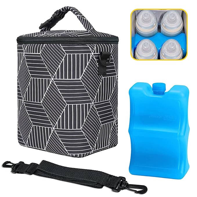 Breastmilk Cooler Bag with Ice Pack Fits 4 Baby Bottles Up to 9 Ounce Insulated Baby Bottle Bag Breast Milk Cooler on The Go with Strap Baby Bottle Cooler Bag for Nursing Mom Daycare or Travel-CubbioJoy