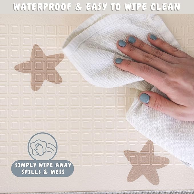 Bubba Bear Baby Play Mat, Thick Foam Stars Design, Foldable Waterproof Mat for Crawling, Padded (47 x 35 Inches)-CubbioJoy