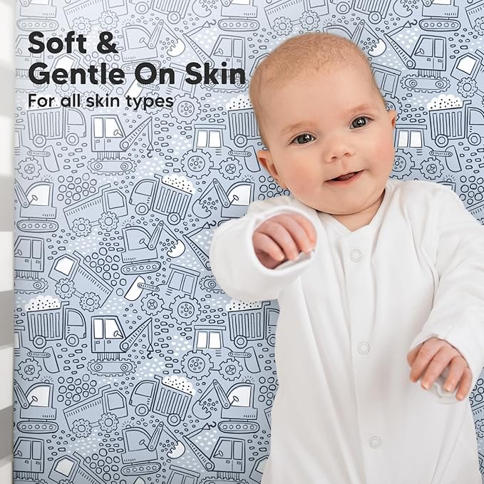 KeaBabies 2-Pack Organic Crib Sheets for Boys, Girls - 52x28 Fitted Crib Mattress Sheet Neutral, Breathable Jersey Cotton Cover for Baby Bed, Toddler Mattress, Soft & Cute Prints (Excavation)-CubbioJoy