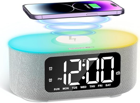 JALL Fabric Alarm Clock for Bedroom, with Big Led Screen Display, Bluetooth Stereo Sound Speaker, FM Radio, Fast Wireless Charging, USB Charging Port, Nightlight, White Noise, Ideal for Gift, Gray-CubbioJoy