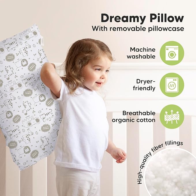 KeaBabies Toddler Pillow with Pillowcase, Jumbo 14X20 - Soft Organic Cotton Toddler Pillows for Sleeping - Machine Washable - Perfect for Travel, Toddler Bed Set (KeaSafari)-CubbioJoy