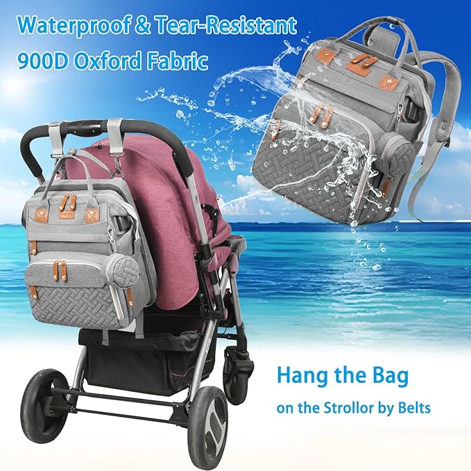 Jeryswet Baby Diaper Bags with Changing Station, Waterproof Large Capacity Diaper Bag Backpack for Moms Dads with USB Charging Port and Stroller Straps, Baby Shower Gifts, Grey-CubbioJoy