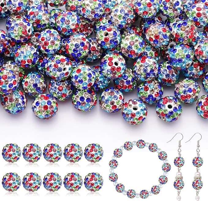 160pcs 10mm Rhinestone Beads for Jewelry Making, White Mixed Shiny Round Disco Ball Beads Bulk, Sparkle Crystal Clay Christmas for Bracelet Baseball Necklace Earring Crafting and DIY-CubbioJoy