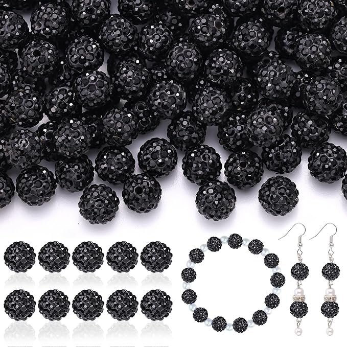 160pcs 10mm Rhinestone Beads for Jewelry Making, Black Shiny Round Disco Ball Beads Bulk, Sparkle Crystal Clay Christmas for Bracelet Baseball Necklace Earring Crafting and DIY-CubbioJoy