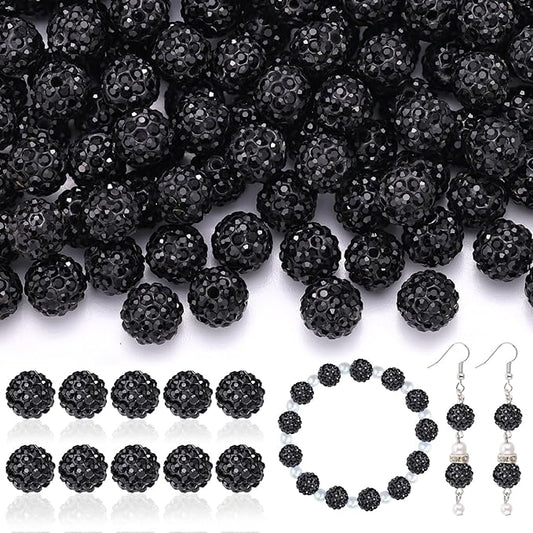 200pcs 10mm Rhinestone Beads for Jewelry Making, Black Shiny Round Disco Ball Beads Bulk, Sparkle Crystal Clay Christmas for Bracelet Baseball Necklace Earring Crafting and DIY-CubbioJoy