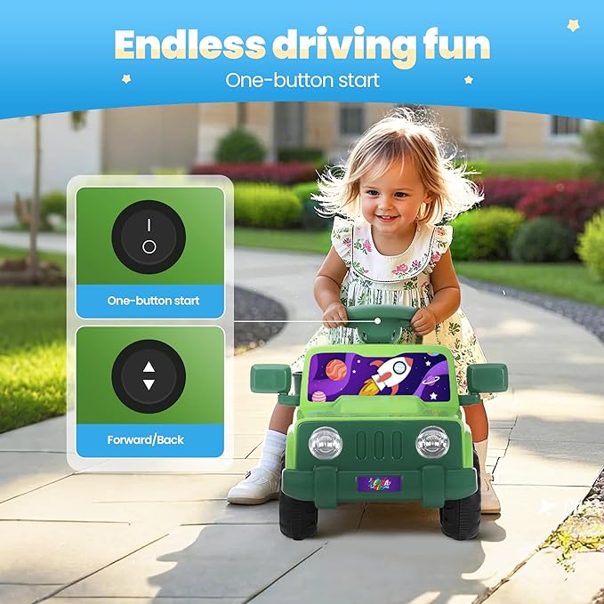 6V Toddler Ride On Car Interactive Electric Car with Horn LED Front Light Rear Storage Stellar Galaxy Theme Perfect for Boys & Girls 18+ Months Safe & Fun for Little Explorers(Green Space)-CubbioJoy