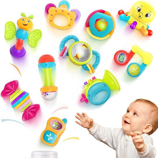 iPlay, iLearn 10pcs Baby Rattles Toys Set, Infant Grab Shake Rattle, Easy Hold Sensory Teether, Babies Development Learning Music Toy, Newborn Shower Birthday Gift 1 2 3 4 5 6 7 9 10 12 Month Boy Girl-CubbioJoy
