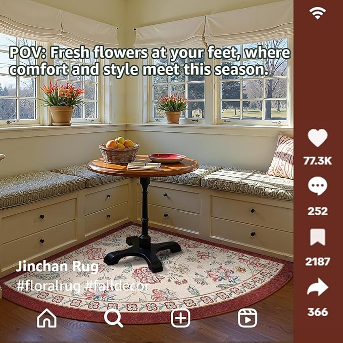 jinchan Floral Corner Rug for Living Room Washable Bedroom Rug Vintage Romance Design Non Slip Quarter Circle Lightweight Low-Pile Throw Carpet for Reading Nook Playroom,7ft Radius, Red/Beige-CubbioJoy