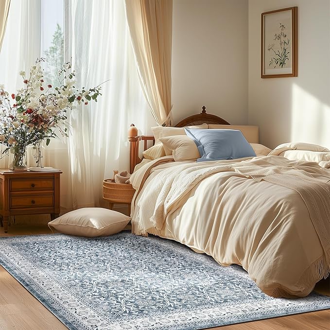 jinchan Floral 5x7 Area Rugs for Bedroom - Machine Washable Vintage Distressed Boho Design Throw Rug Stain Resistant Carpet Low-Pile Thin Non-Slip for Nursery Living Room Dining Room (5‘x7',Grey)-CubbioJoy