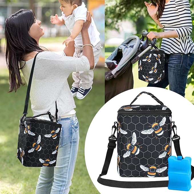Breastmilk Cooler Bag with Ice Pack Fits 4 Baby Bottles Up to 9 Ounce Insulated Baby Bottle Bag Breast Milk Cooler on The Go with Strap Baby Bottle Cooler Bag for Nursing Mom Daycare or Travel-CubbioJoy