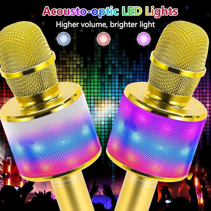 Amazmic Kids Karaoke Microphone Machine Toy Bluetooth Microphone Portable Wireless Karaoke Machine Handheld with LED Lights, Gift for Children Adults Birthday Party, Home KTV(Gold)-CubbioJoy