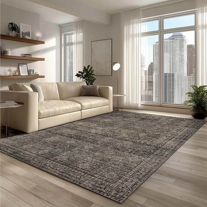 9x12 Area Rug Living Room Rugs, Stain Resistant Washable Rug, Vintage Large Non-Slip Backing, Low Pile Lightweight Print Rug for Bedroom Dinning Room Home Office (Brown)-CubbioJoy