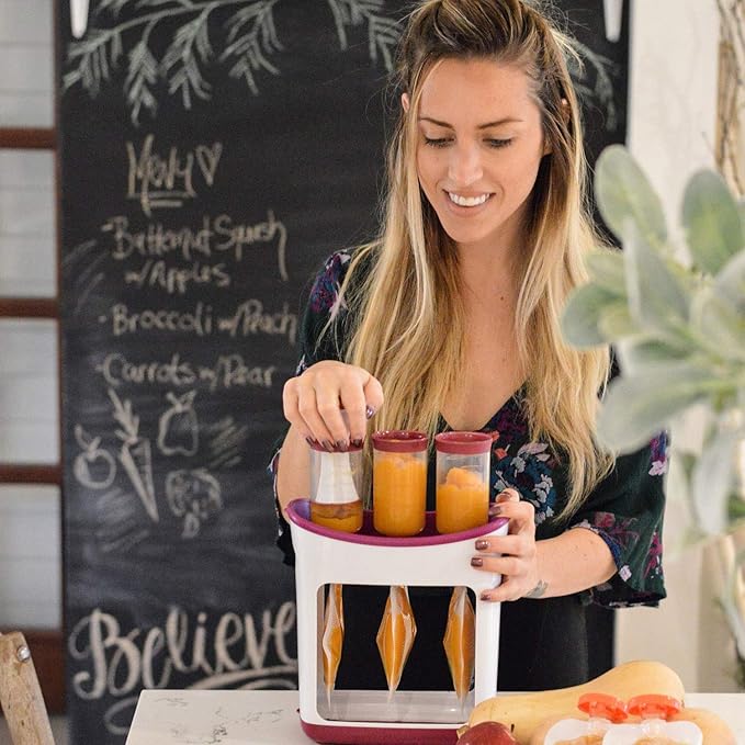 Infantino Squeeze Station, Baby Food Maker & Pouch Filler, Fill 3 Reusable Pouches at Once, Easy to Use, Dishwasher Safe, Homemade Baby Food Prep Essential, Purple-CubbioJoy