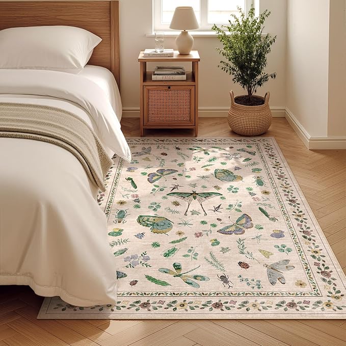 3x5 Washabl Rug with Insect Print - Bug Rug Non-Shedding Stain Resistant Soft Small Carpet for Bedroom, Low Pile Ultra-Thin Machine Washable Carpet for Nursery,Entrance, Office (3'x5' Beige)-CubbioJoy