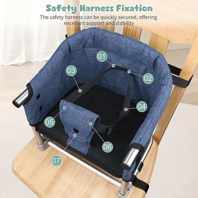 Booster Seat for Dining Table: Portable Toddler Booster Chair with Safety Buckle and Height Adjustable, Foldable Baby Feeding Chair, Kids High Chair Booster Seat for Kitchen Home Travel - Navy Blue-CubbioJoy