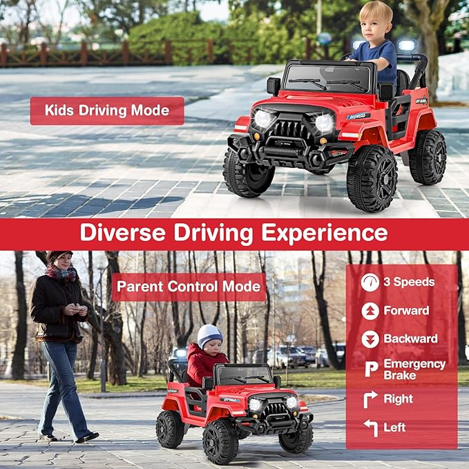 Costzon 12V Kids Ride on Truck Car, Electric Vehicle w/Remote Control, Threaded Wheels, 3 Speeds, LED Lights, Music, Horn & Wireless Connection, Battery Powered Ride on Toy for Boys & Girls 3+ (Red)-CubbioJoy