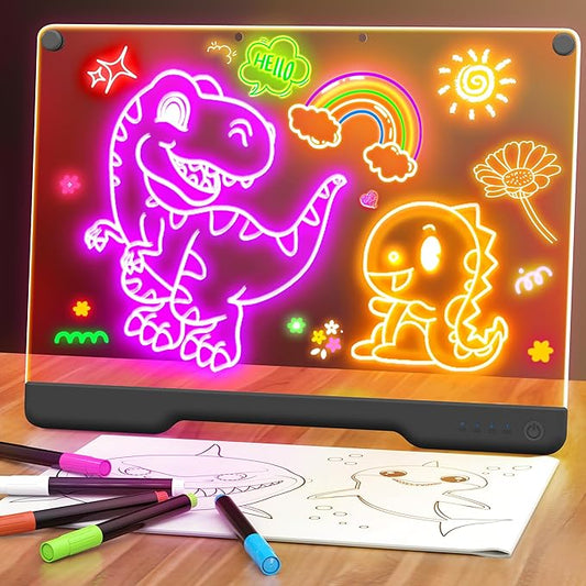 16-Inch Rechargeable Doodle Glow LED Note Board, 7-Color Light Modes, Neon Art Dry Erase Light Up Drawing Pad with Built-in Stand, Sketching Gift Toy for Kids/Girls/Teens, 5 Markers & Tracing Book-CubbioJoy
