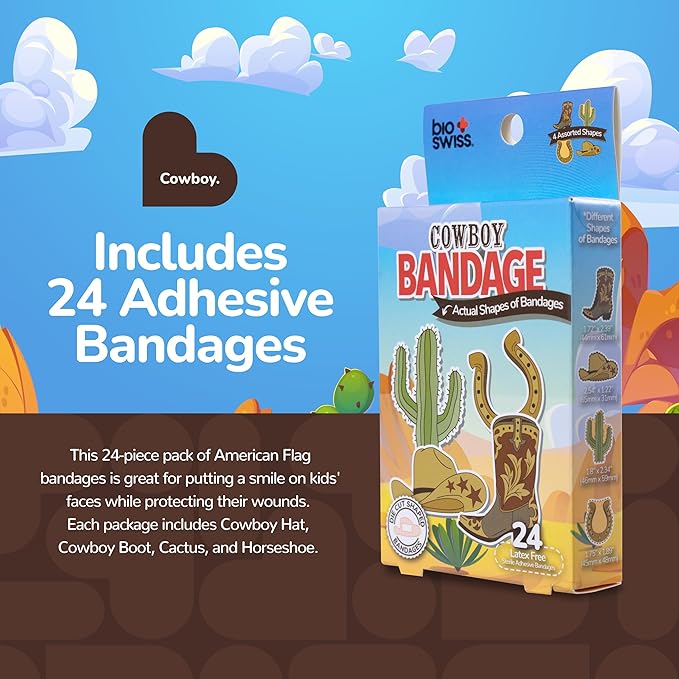BioSwiss Bandages, Cowboy Shaped Self Adhesive Bandage, Latex Free Wound Care, Fun First Aid Kit Supplies for Kids and Adults, 24 Count-CubbioJoy