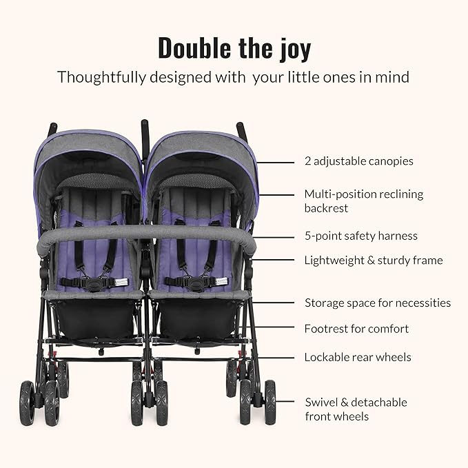 Dream On Me Volgo Twin Umbrella Stroller in Purple, Lightweight Double Stroller for Infant & Toddler, Compact Easy Fold, Large Storage Basket, Large and Adjustable Canopy-CubbioJoy