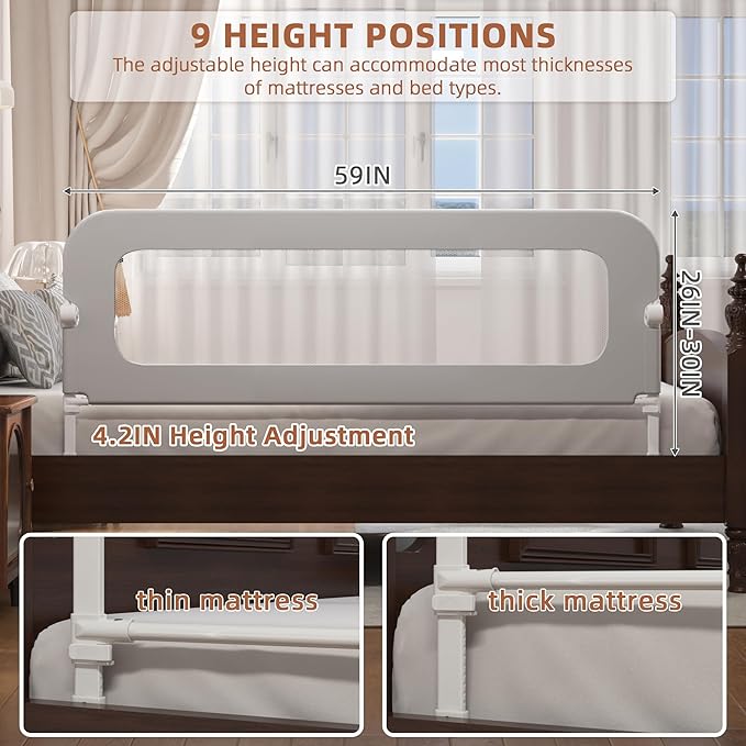 Bed Rail for Toddlers, Baby Bed Rail Guard for Kids, Toddler Bed Rails with Reinforced Anchor Fit, Height Adjustable & Foldable Bed Rail Guard for Twin, Full, Queen & King Beds (Grey, 59IN)-CubbioJoy