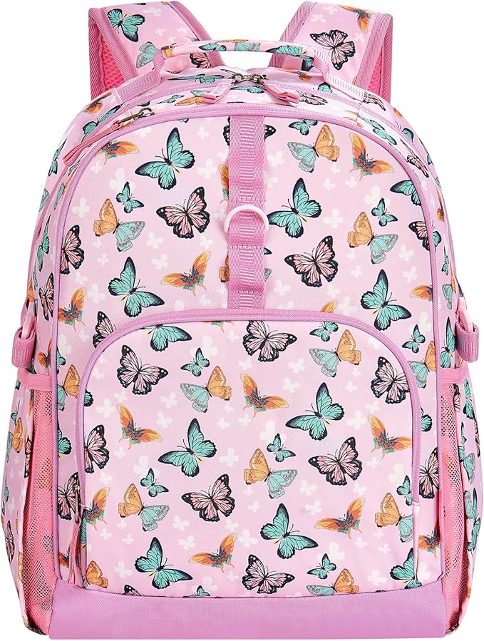 Choco Mocha Butterfly Backpack for Girls, Elementary School Backpack for Girls Ages 6-8 Kids Kindergarten Backpack Bookbag 17 Inch with Chest Strap, Pink-CubbioJoy