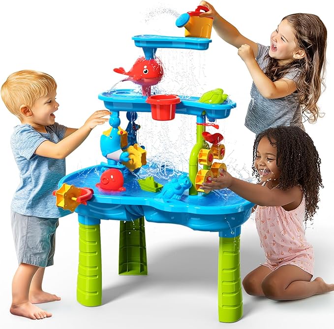 CozyBomB™ Water Table for Toddlers 3-5 | Outdoor Toys Water Play Table, Magnetic Fishing Toy Game, Summer Splash Pond Showers Sand Activity, Sensory Party Birthday Gift Kids Ages 4-8 9-12 (3-Tiers)-CubbioJoy