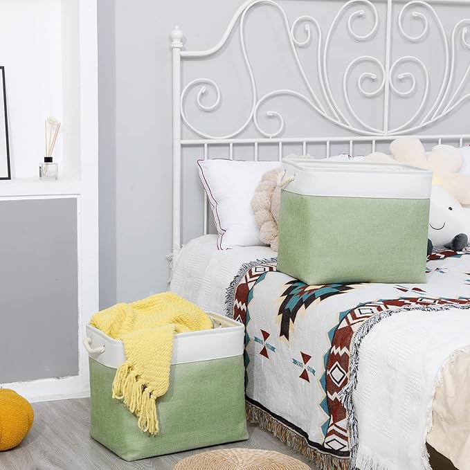 Bidtakay Large Storage Baskets for Nursery Toy Organizer Collapsible Organizing Baskets 17x12x15 In Green Canvas Bins for Organizing Set of 2 Clothes Decorative Baskets for Home Office Room Decor-CubbioJoy