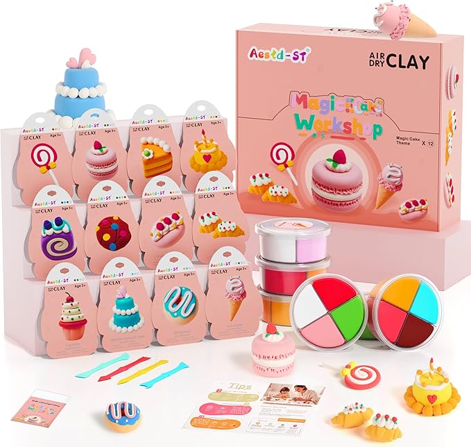 Air Dry Clay Kit - Cake Themed, Modeling Clay for Kids, DIY Model Magic Clay with Sculpting Tools and Tutorials, 12 Boxes Molding Clay, Ultra Light, Soft & Non-Toxic, Arts and Crafts Gift for Kids-CubbioJoy