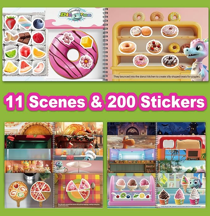 Dino Fun Cooking Food Reusable Sticker Book for Kids,11 Scenes + Over 200 Food Stickers,Treats Sticker Book for Toddlers 3-6 Years,Removable Decoration Snack Stickers,Make A Face Cupcake Sticker-CubbioJoy