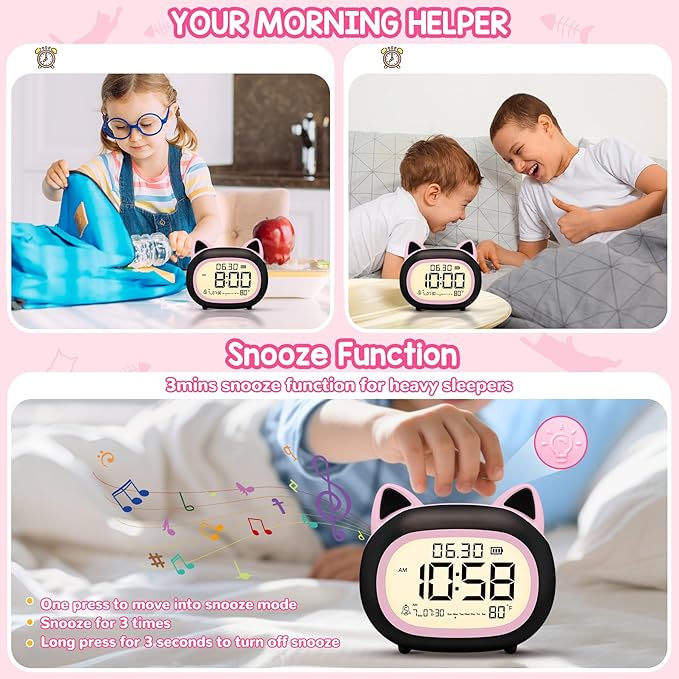 Kids Alarm Clock with Night Light for Kids, Small Digital Alarm Clocks for Bedrooms, Routine Builder, Cute Cat Alarm Clock with Sleep Training, Snooze, 12/24H, Date & Day, Temperature, USB Port-CubbioJoy